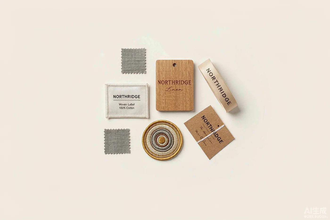 Custom embroidered patches, labels and hangtags flat lay